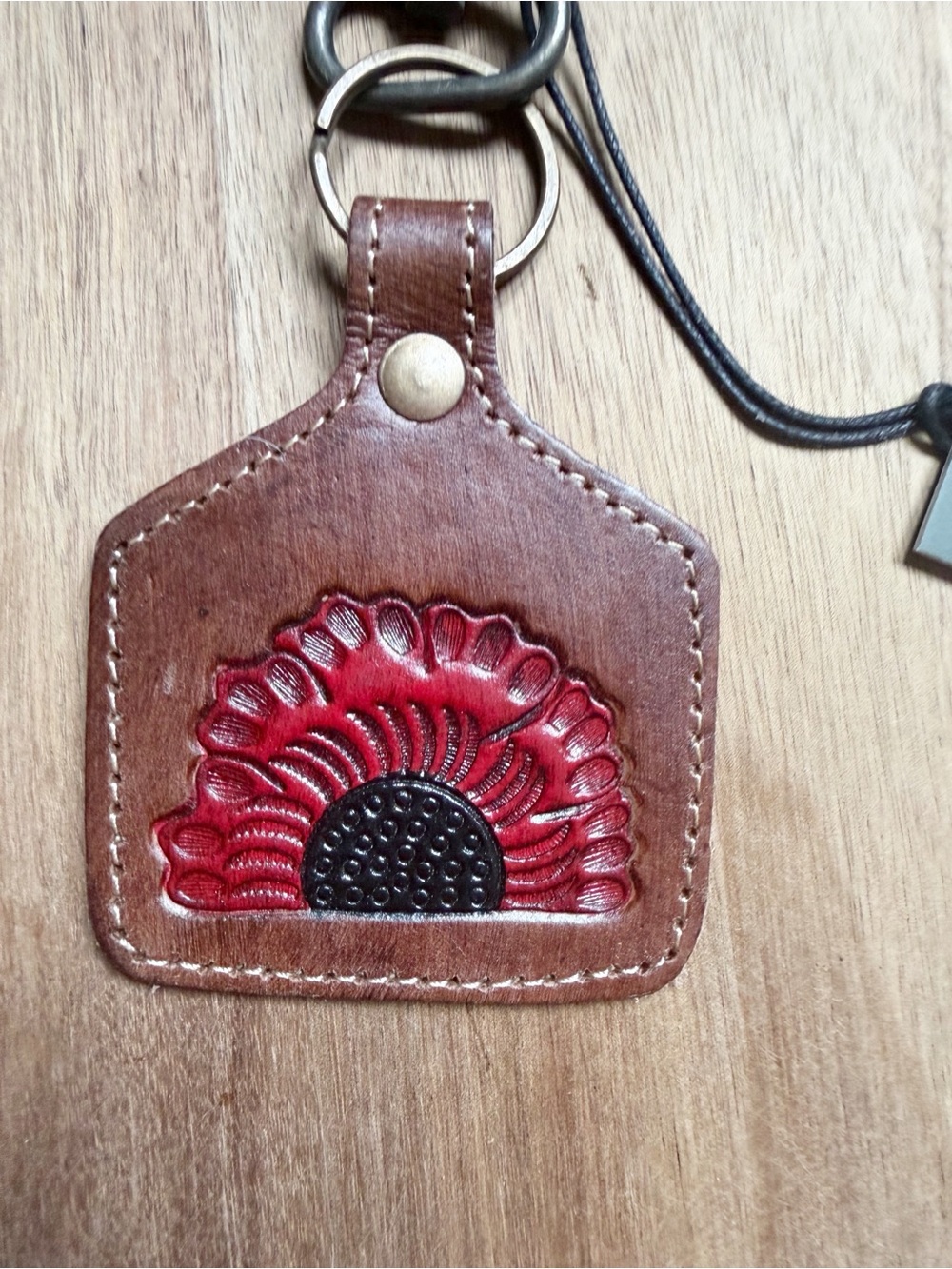Myra Bag Brown Leather Keychain with Red Flower Accent - Picture 3 of 4